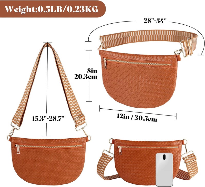 Dealkion Woven Crossbody Bags for Women Leather Belt Bum Sling Purse Fanny Waist Pack Chest Shoulder Bag for Women-Brown - Image 4